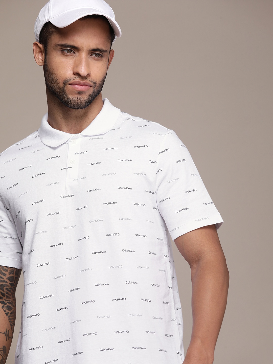 

Calvin Klein Jeans Men White Brand Logo Printed Pure Cotton Polo Collar T-shirt
