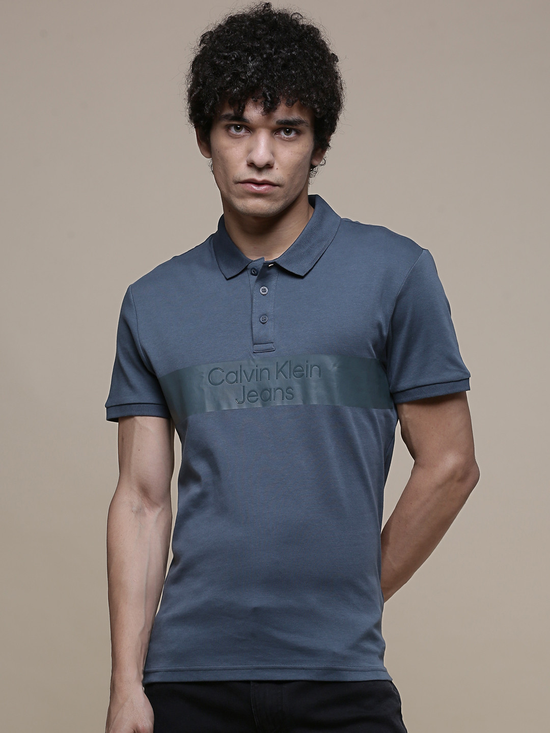 

Calvin Klein Jeans Men Blue Brand Logo Printed Applique Slim Fit T-shirt