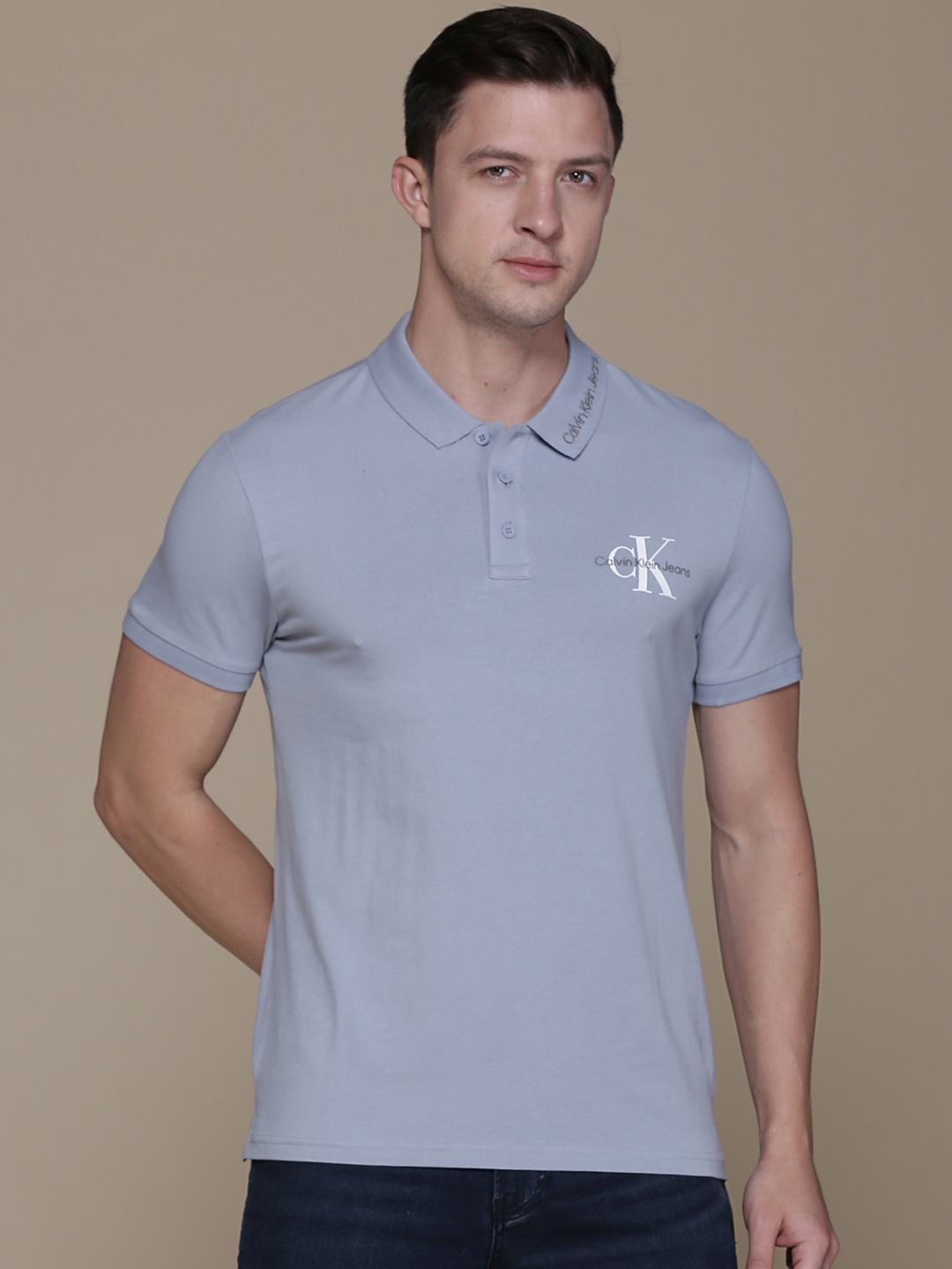 

Calvin Klein Jeans Men Grey Polo Collar Slim Fit T-shirt