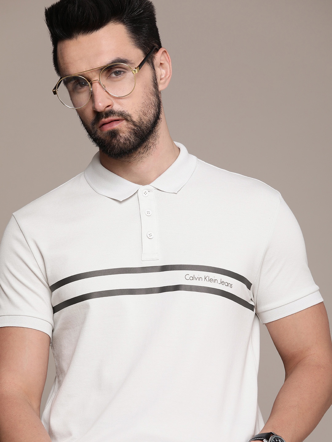 

Calvin Klein Jeans Men Grey Brand Logo Striped Polo Collar T-shirt