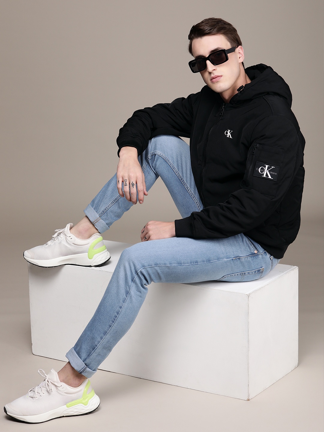 

Calvin Klein Jeans Men Black Brand Logo Printed Hooded Bomber Jacket