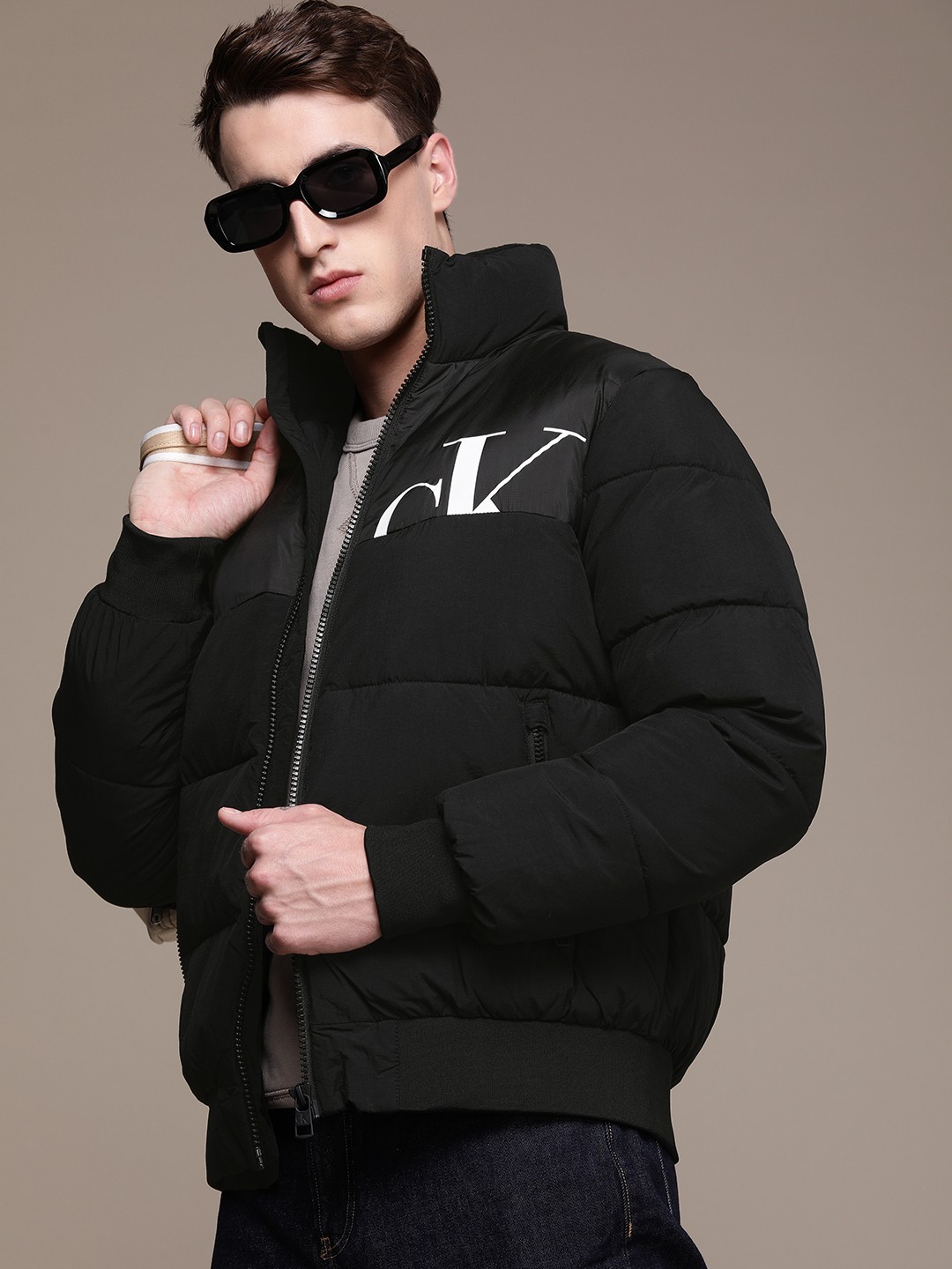 

Calvin Klein Jeans Men Black Brand Logo Printed Bomber Jacket