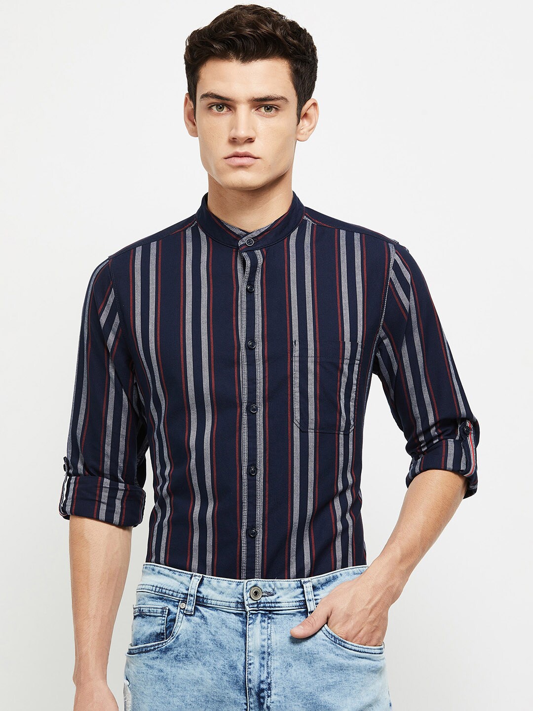 

max Men Navy Blue Striped Cotton Slim Fit Casual Shirt