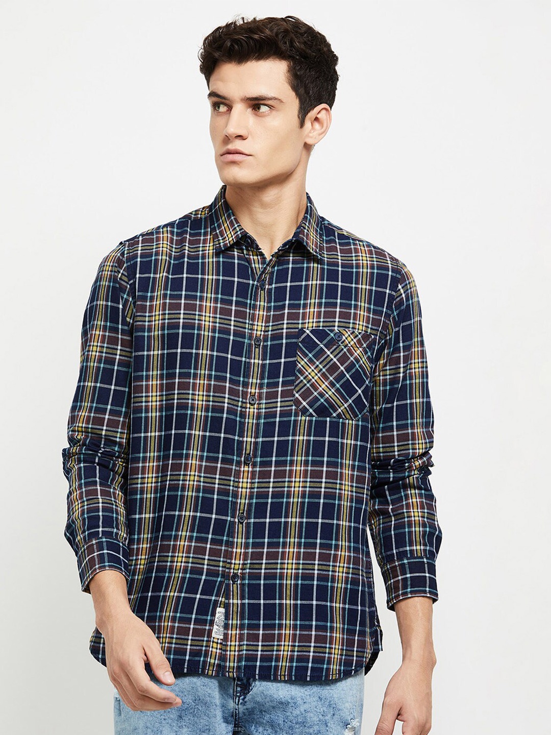 

max Men Blue Slim Fit Tartan Checks Checked Pure Cotton Casual Shirt