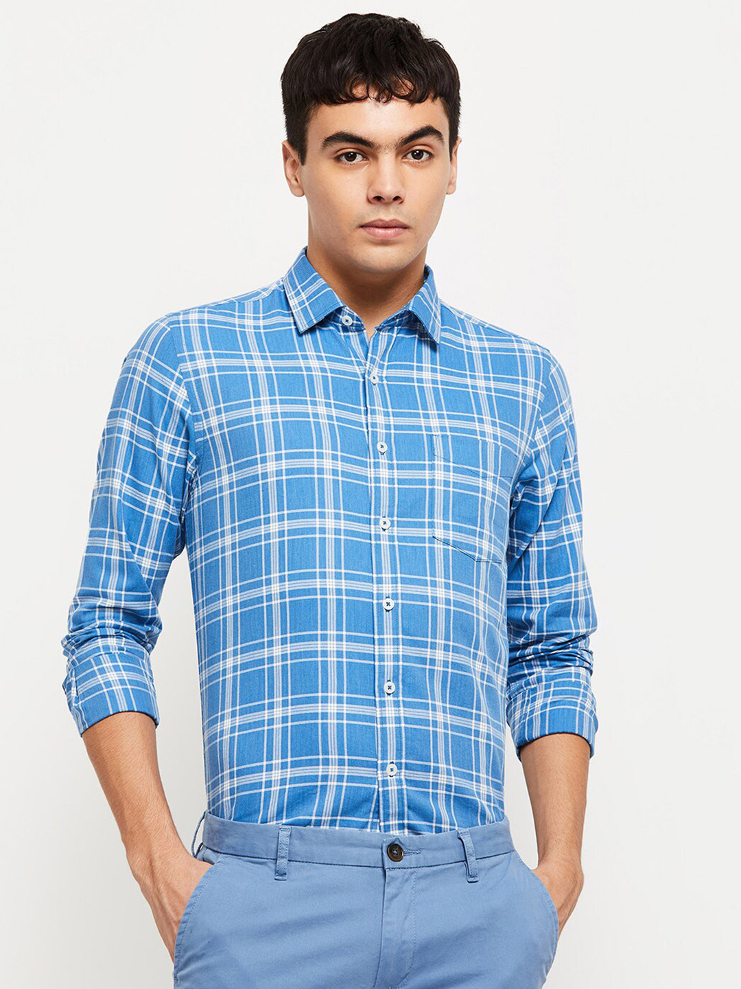 

max Men Blue Tartan Checks Checked Casual Shirt