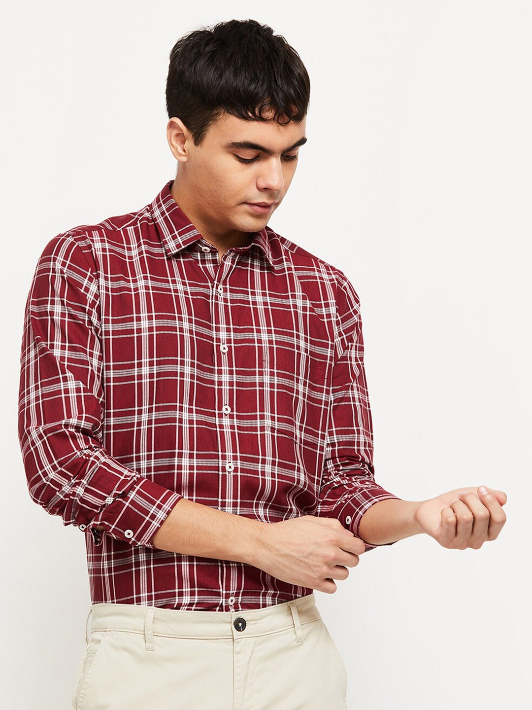

max Men Maroon Tartan Checks Casual Shirt