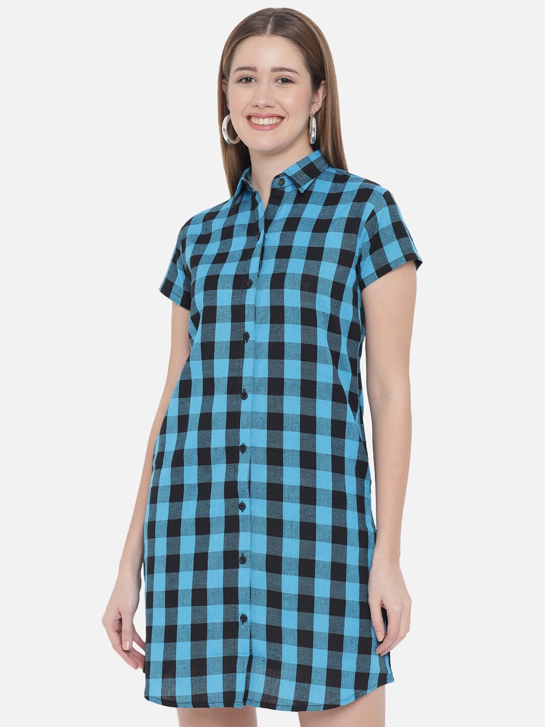 

Indietoga Turquoise Blue Pure Cotton Checked Shirt Dress