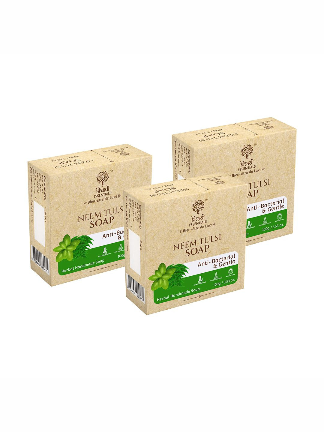 

KHADI ESSENTIALS Set Of 3 Neem & Tulsi Soap for Anti-Bacterial & Gentle Skin -100g Each, Green