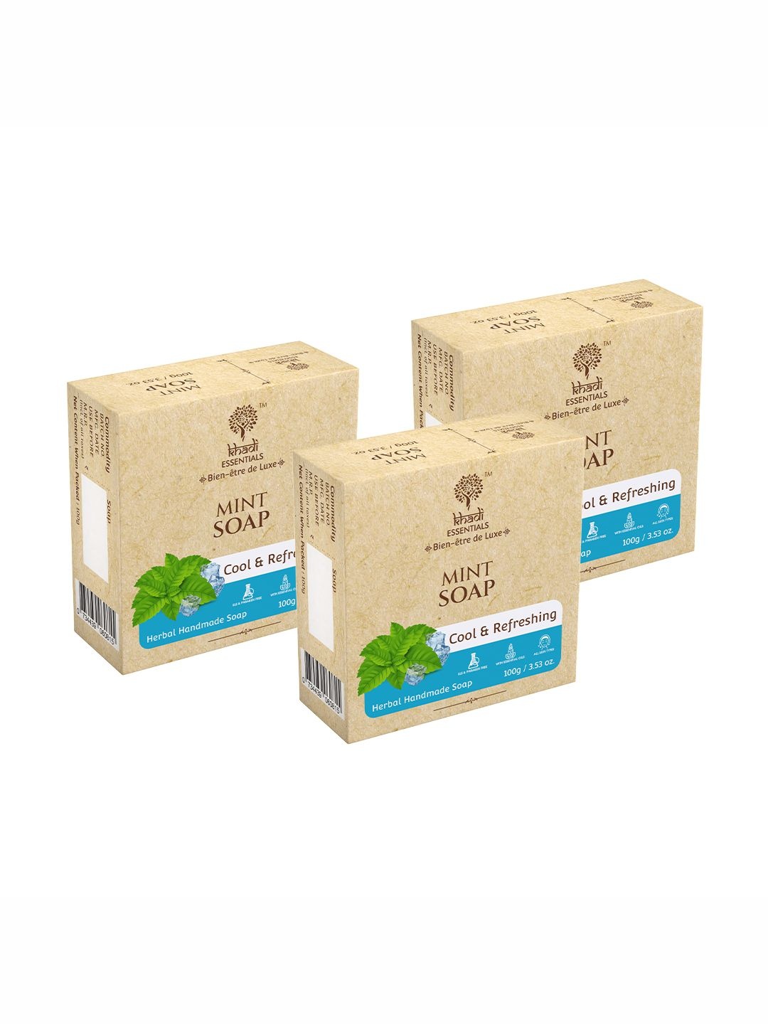 

KHADI ESSENTIALS Set Of 3 Mint Soap with Peppermint Oil for Refreshing Skin-100g Each, Blue