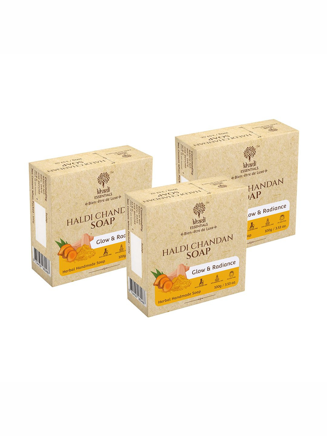 

KHADI ESSENTIALS Set Of 3 Haldi Chandan Soap with Turmeric for Glow & Radiance- 100g Each, Yellow
