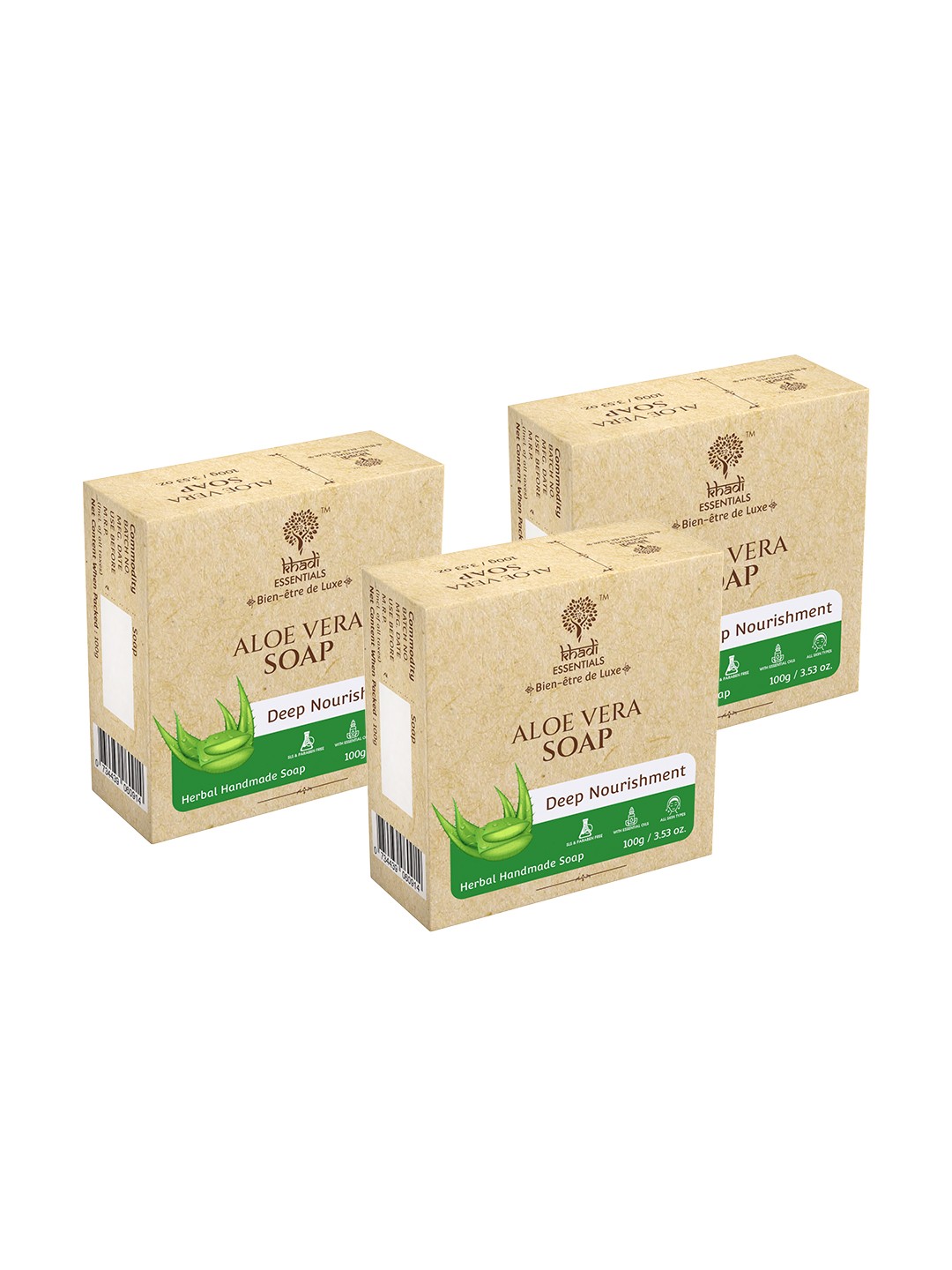

KHADI ESSENTIALS Set Of 3 Aloe Vera Soap for Deep Nourishment-100g Each, Green