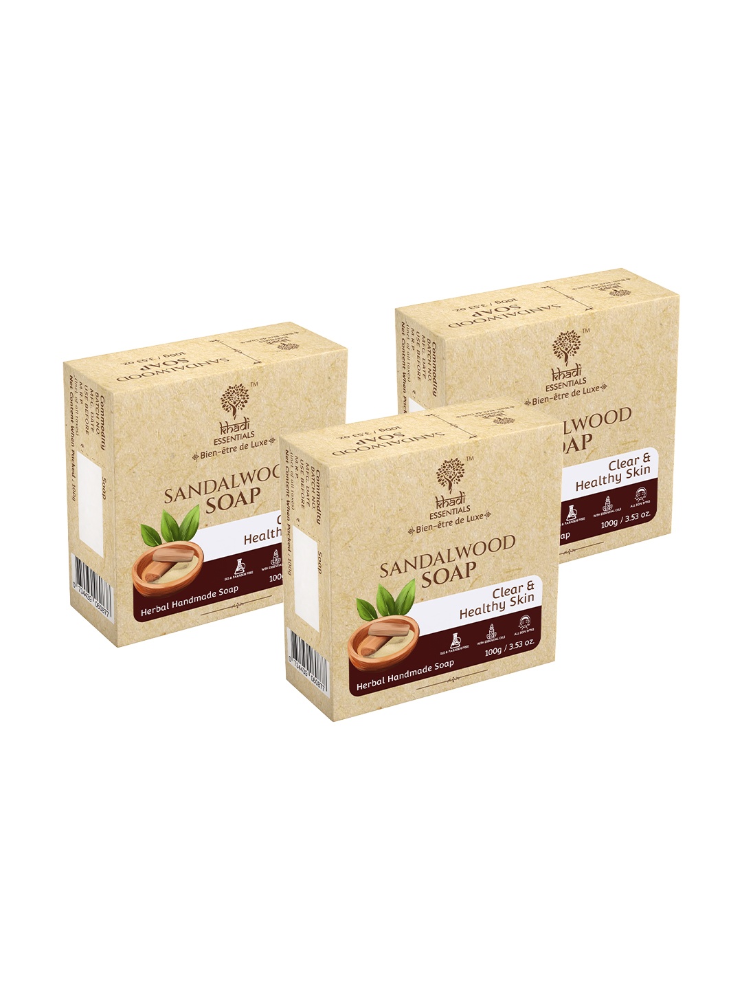 

KHADI ESSENTIALS Set Of 3 Sandalwood Soap with Sandalwood Oil for Healthy Skin-100g Each, Maroon