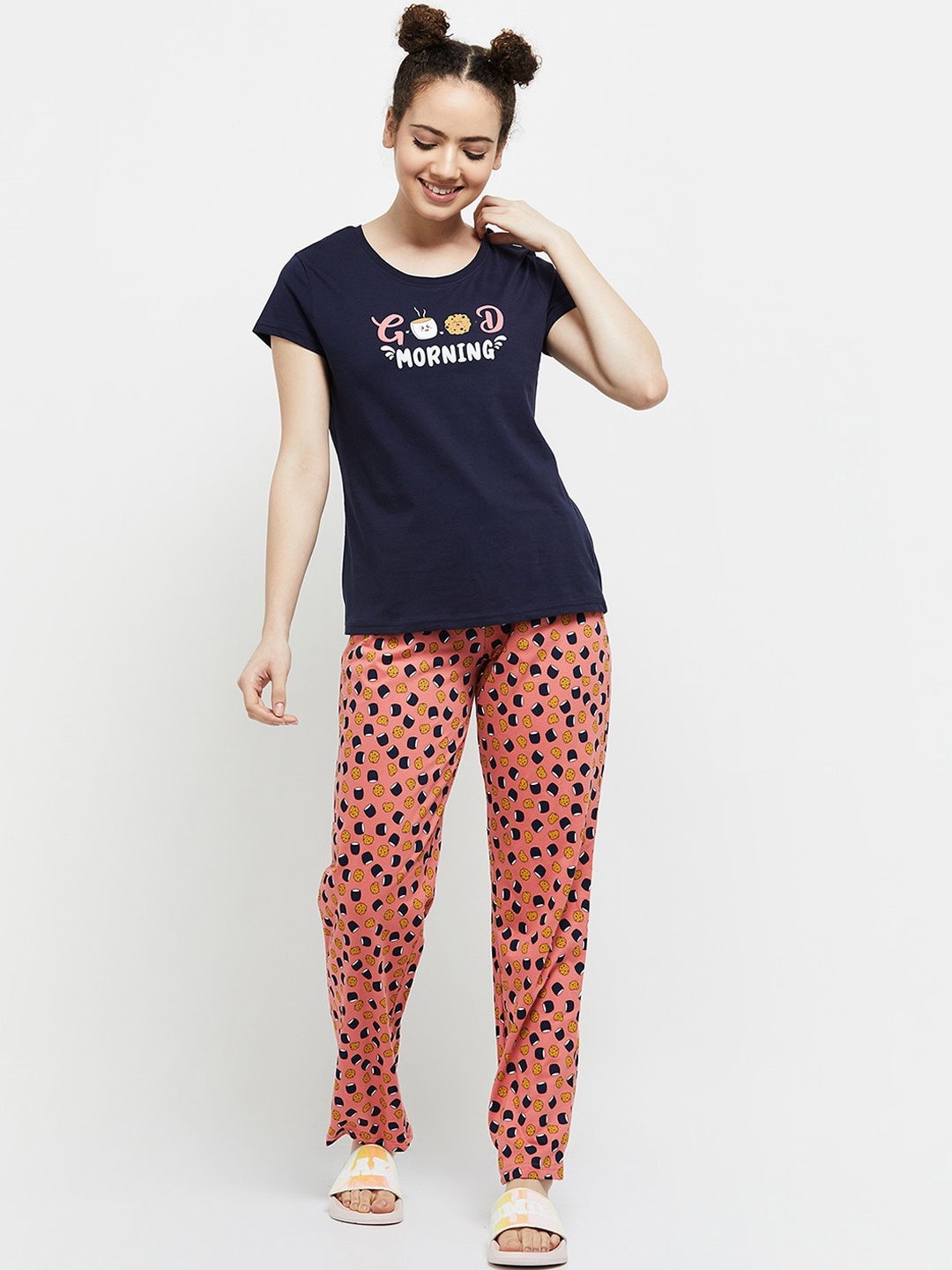 

max Women Navy Blue & Peach Printed Night suit