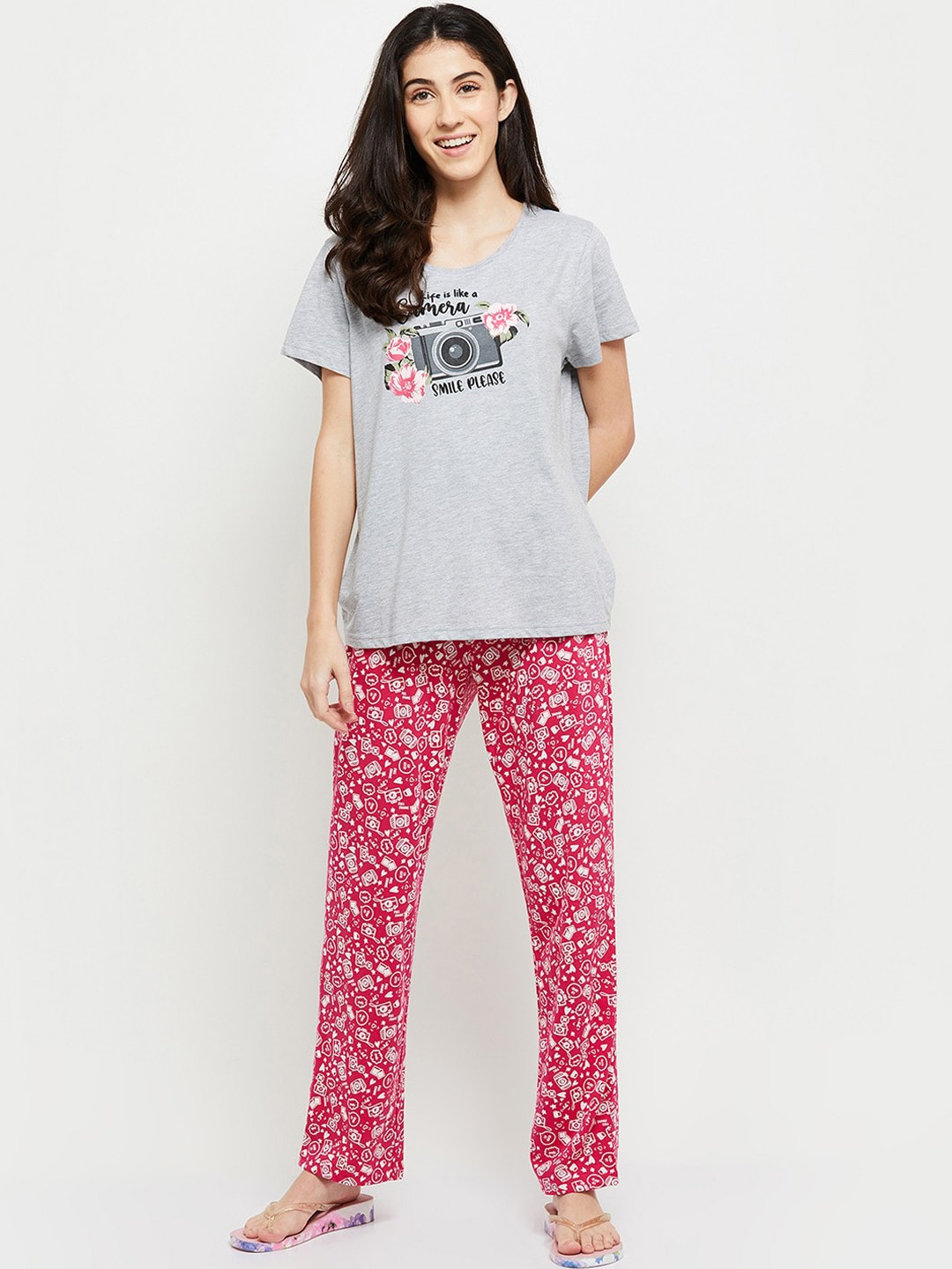 

max Women Grey Melange & Pink Printed Night suit