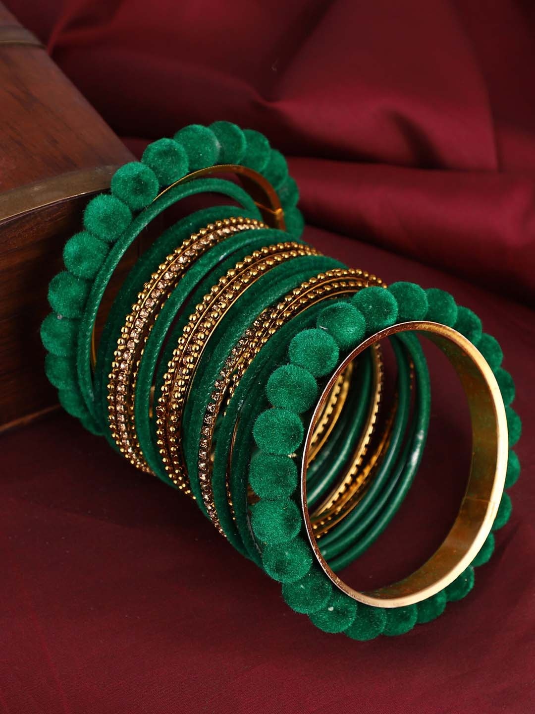 

ZaffreCollections Set Of 23 Gold-Plated Green Velvet Coated & Stone Studded Metal Bangles