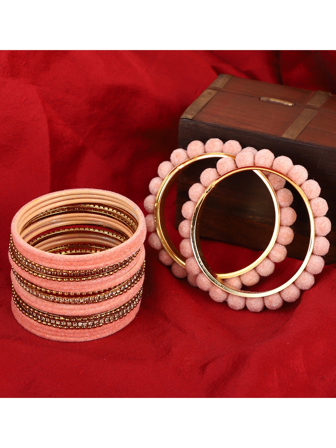 

ZaffreCollections Set Of 23 Gold-Plated Peach-Colored Velvet Coated Metal Bangles