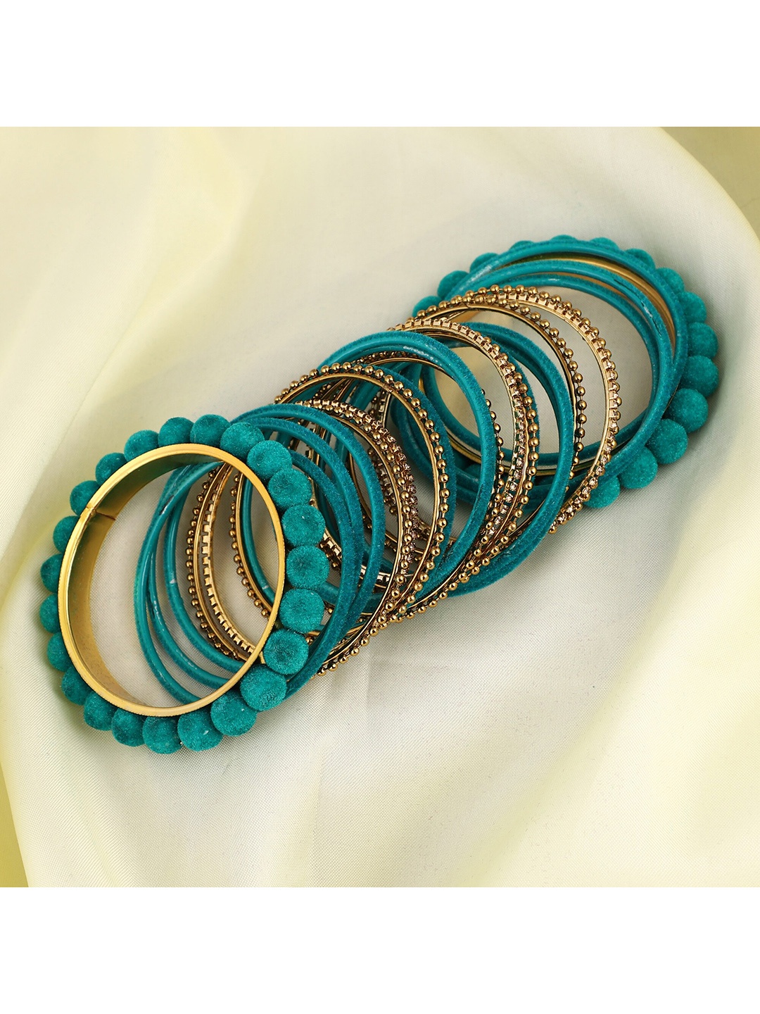 

ZaffreCollections Set Of 23 Turquoise-Blue Gold-Plated & Stone Studded Metal Bangles