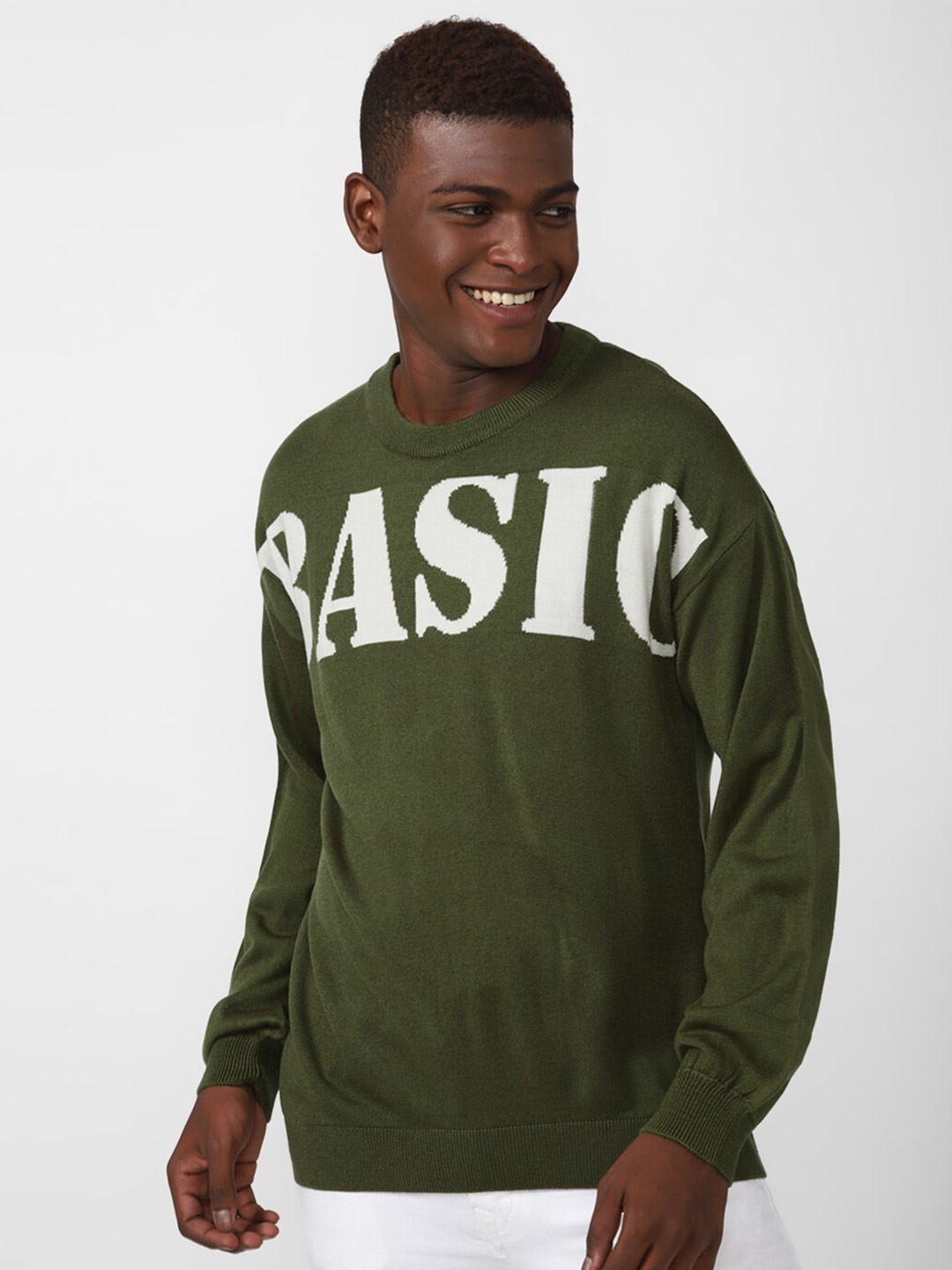

FOREVER 21 Men Olive Green & White Typography Printed Pullover
