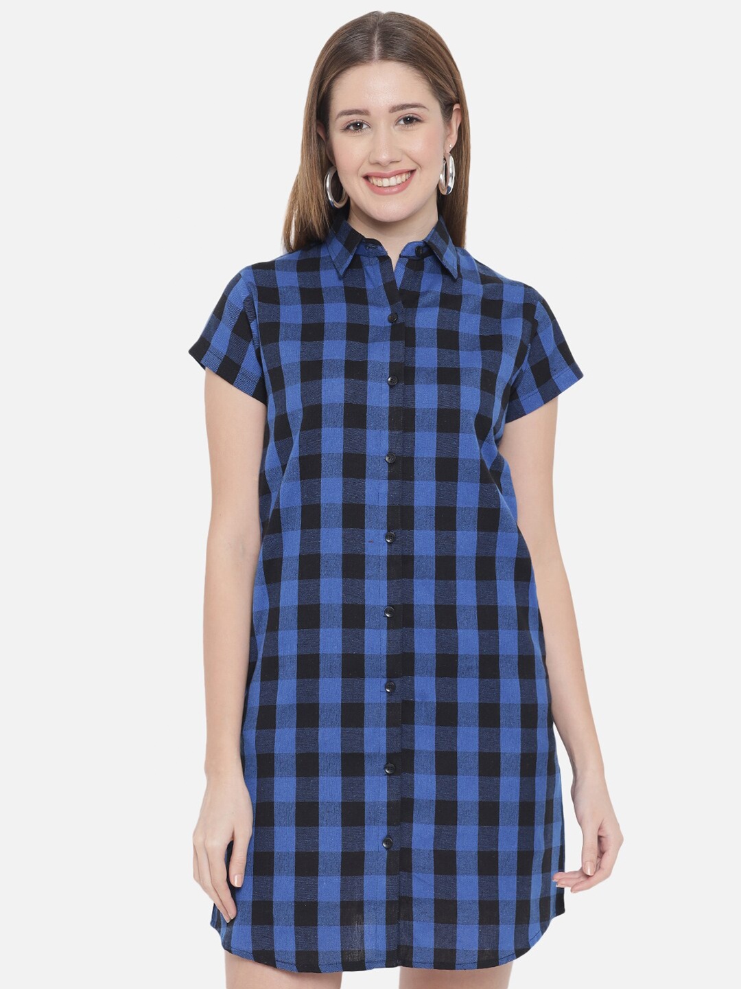 

Indietoga Women Plus Size Blue Checkered Printed Pure Cotton Shirt Dress