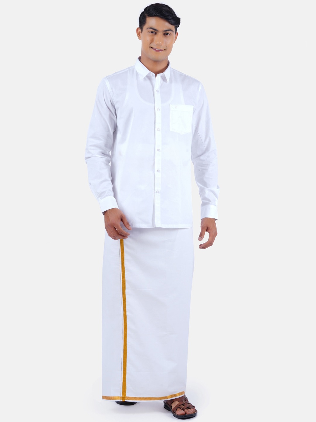 

Ramraj Men Solid Shirt with Dhoti Set, White