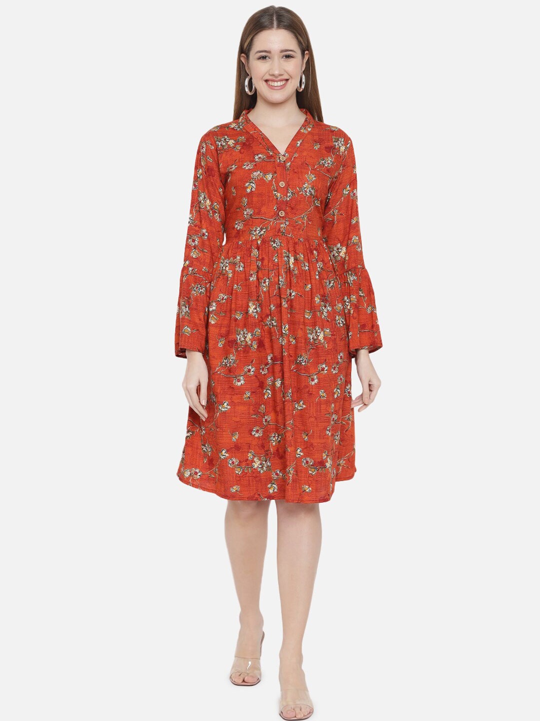 

Indietoga Women Orange Floral Print Flared Sleeves Midi Dress