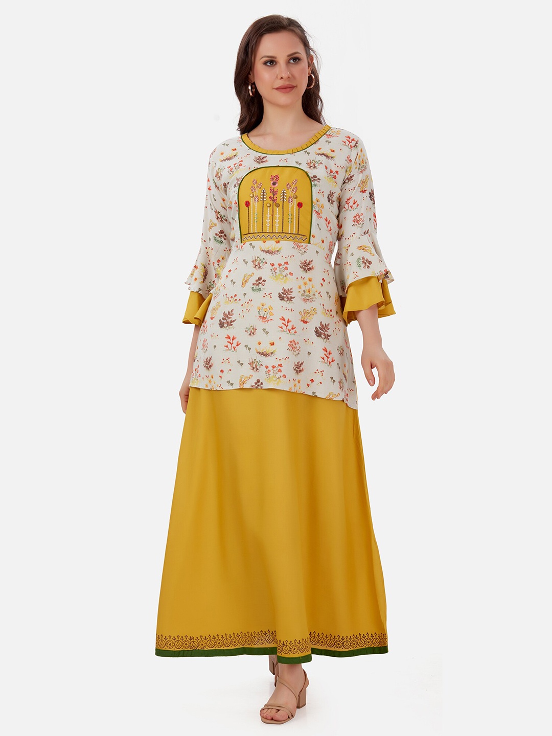 

Kiana Women Yellow & Off White Floral Printed Rayon One Piece Dress