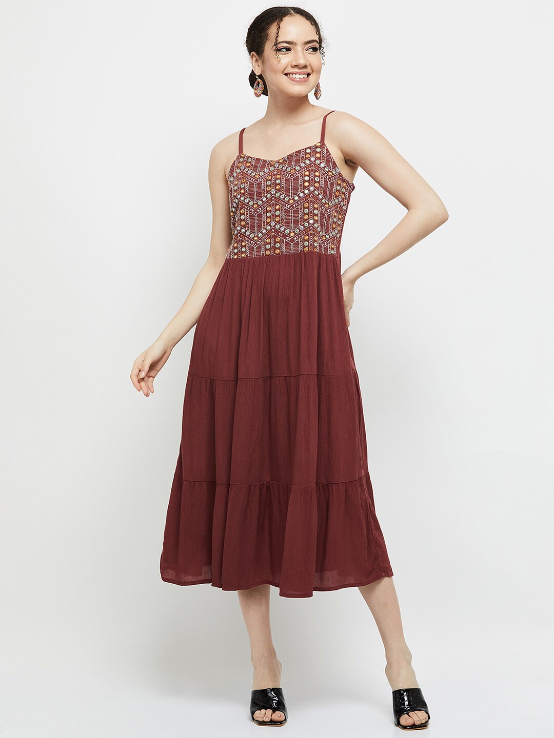 

max Women Marron Embellished Flared Midi Ethnic Dresses, Maroon