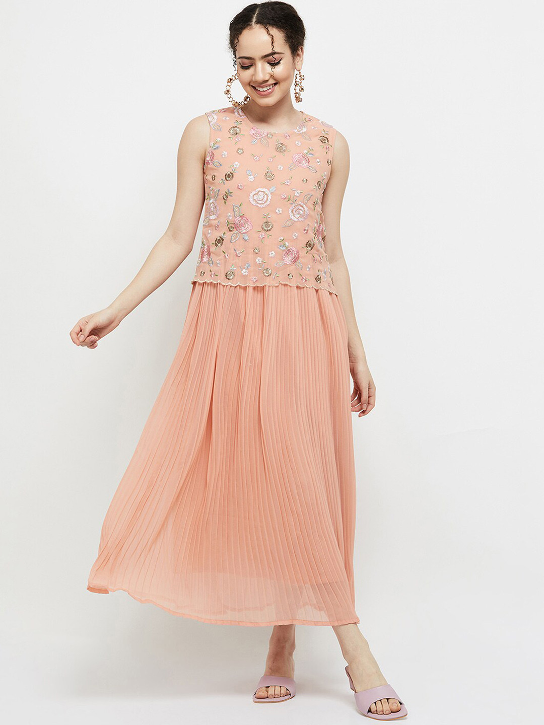 

max Women Peach Solid Fit & Flared Maxi Ethnic Dresses with Embroidered Shrug