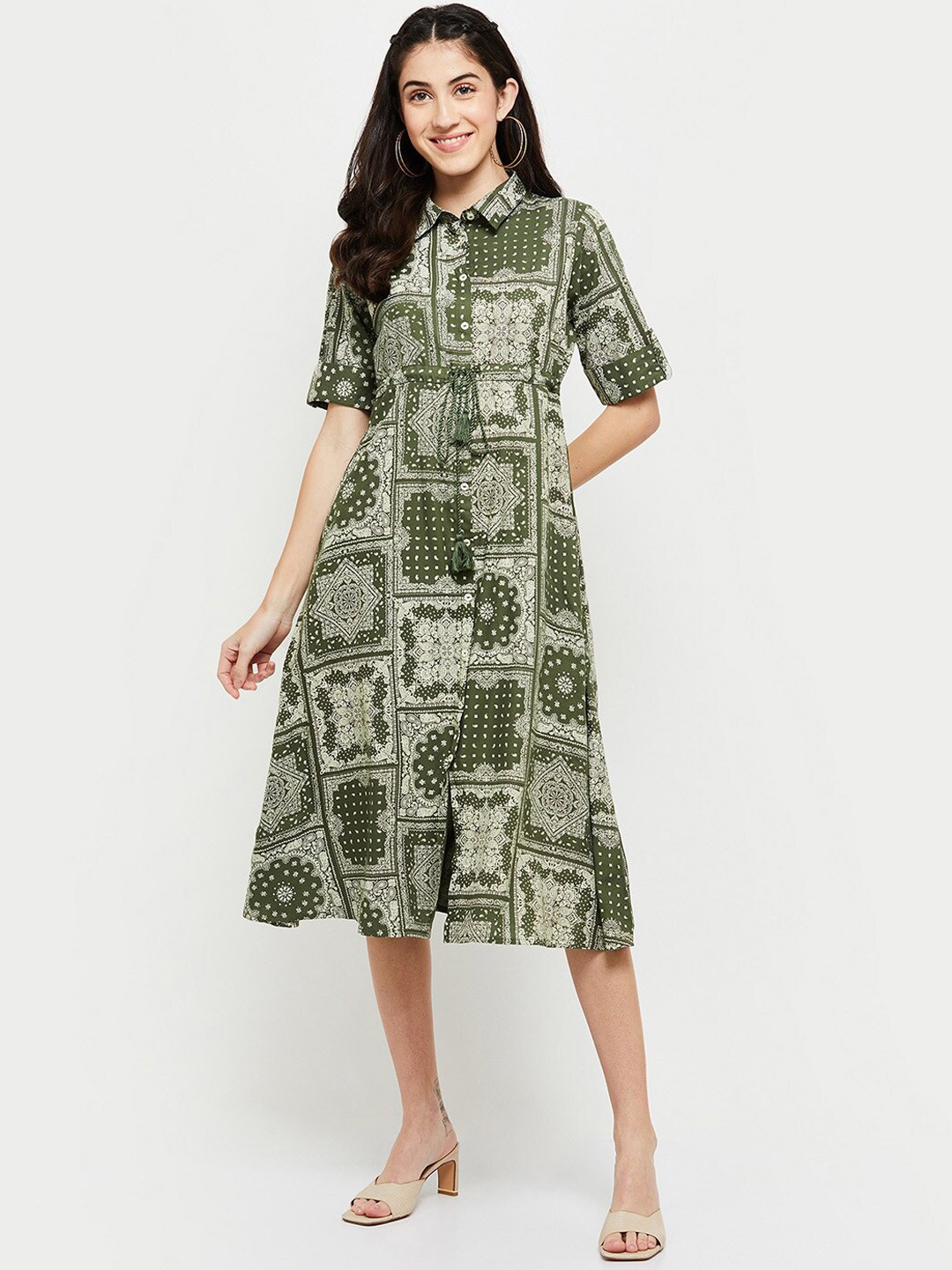 

max Women Olive Green Ethnic Motifs A-Line Maxi Dress