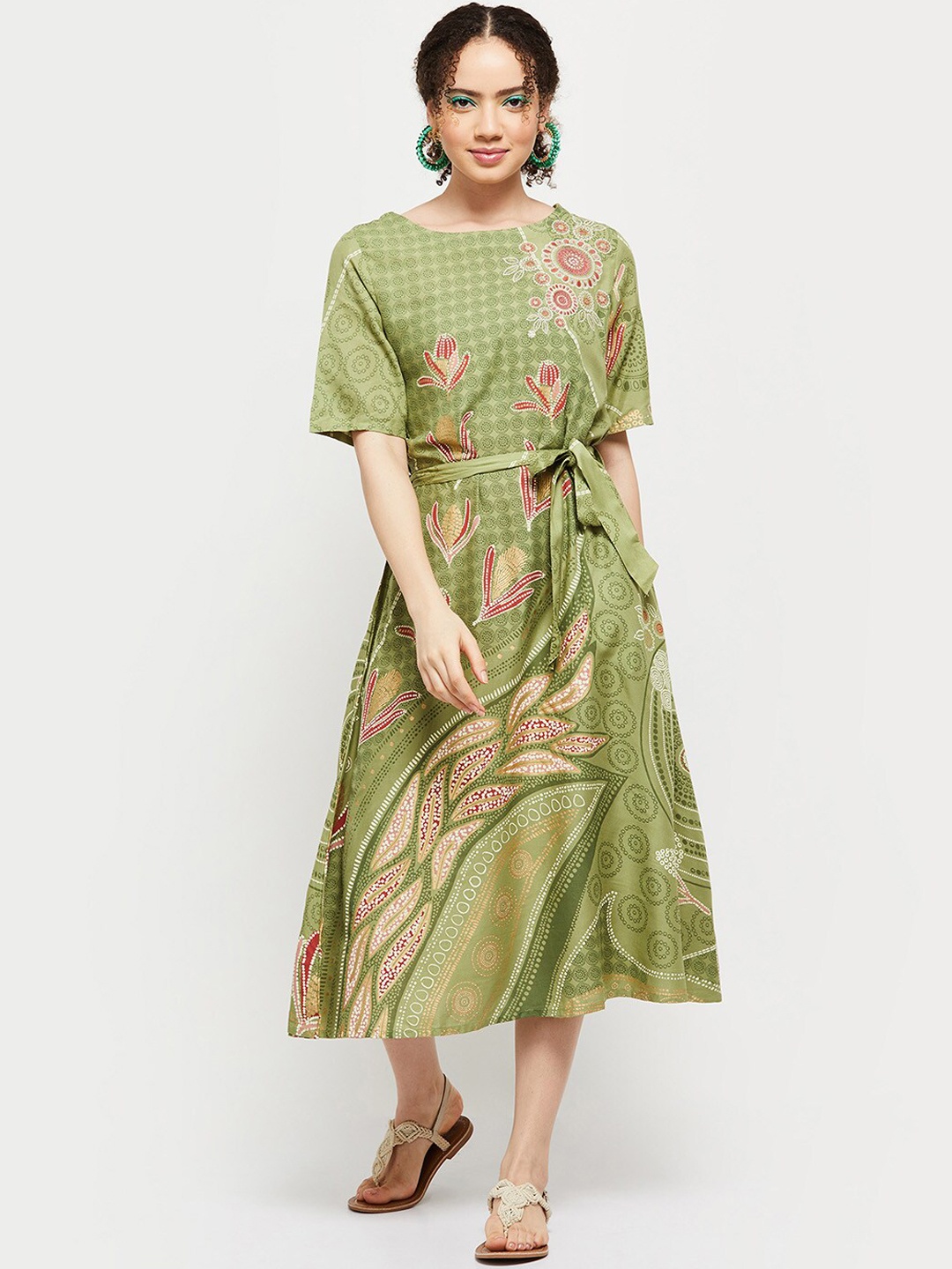 

max Green & Beige Floral Midi Dress