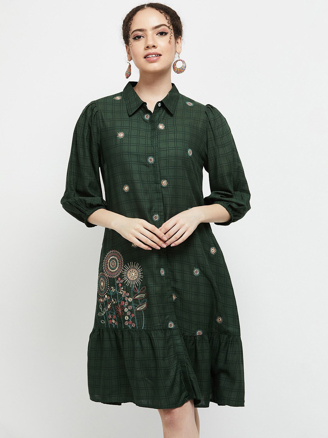 

max Olive Green Embroidered A-Line Dress