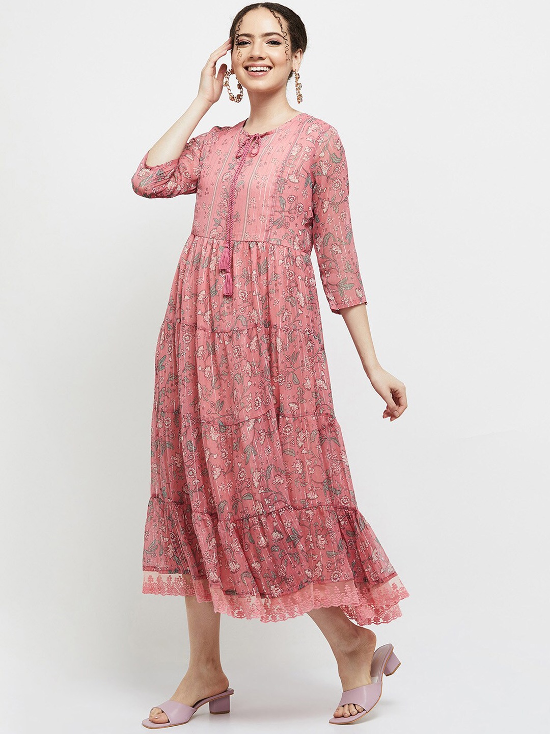 

max Pink Floral Printed Fit and Flare Ethnic Dress