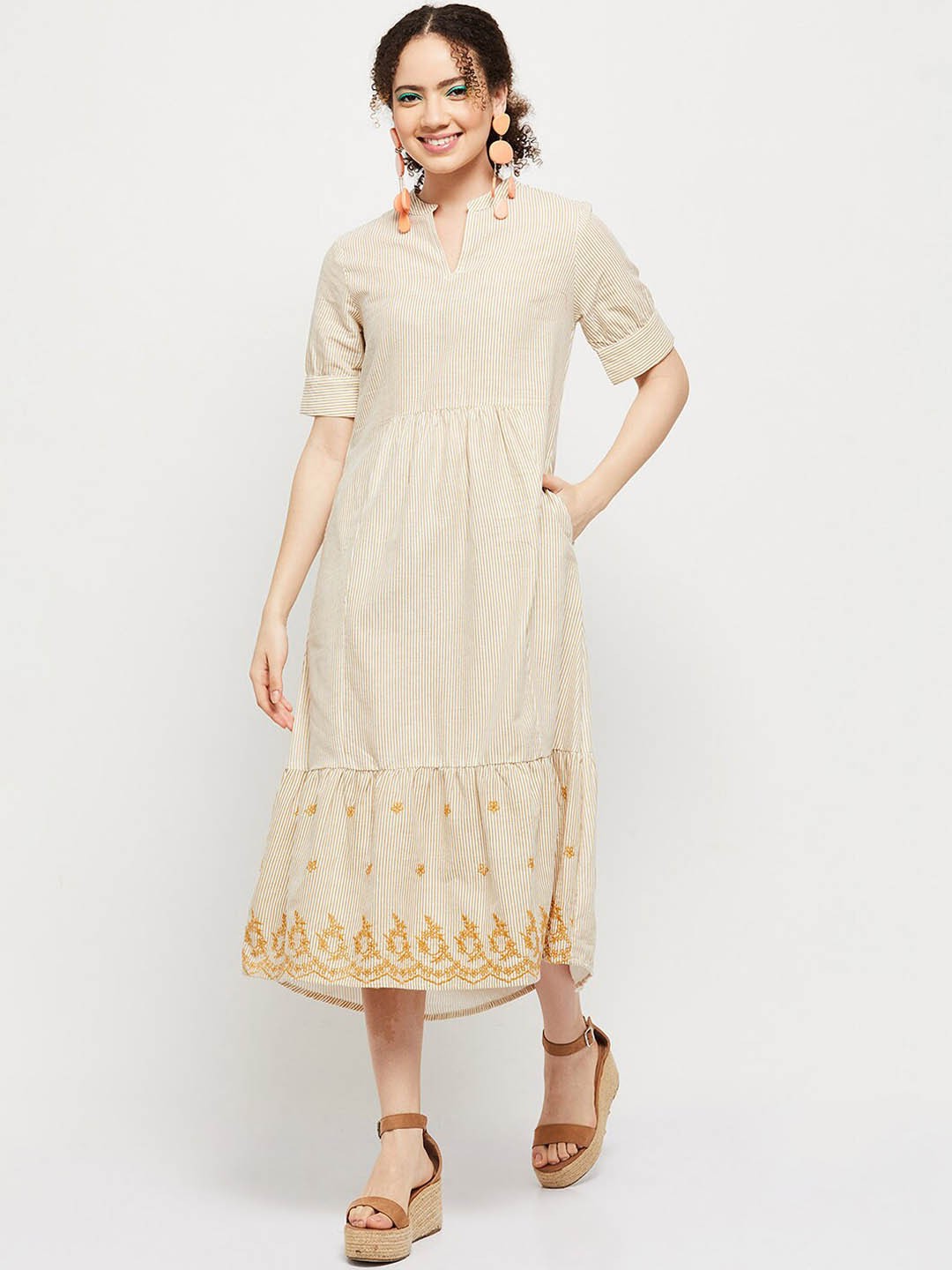 

max Women Beige & Yellow Striped Ethnic A-Line Midi Dress
