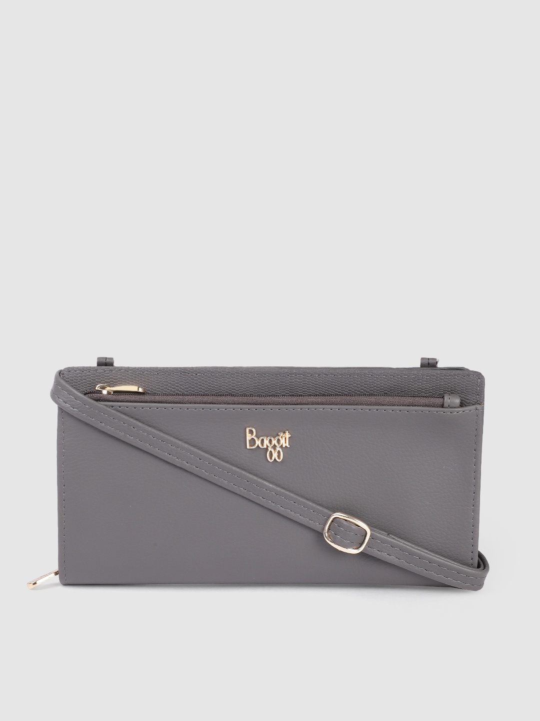 

Baggit Women Solid PU Zip Around Wallet With Sling Strap, Grey