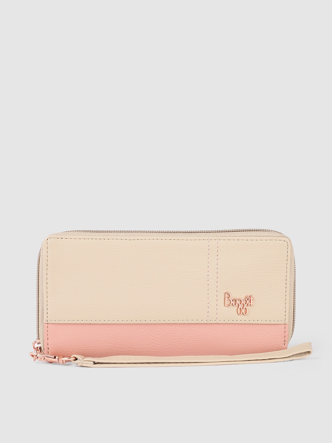 

Baggit Women Beige & Pink Colourblocked Zip Around Wallet With Wrist Loop