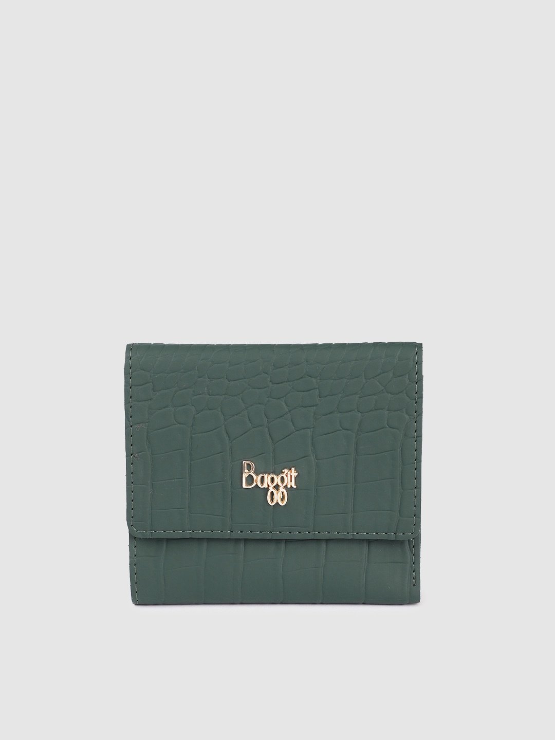 

Baggit Women Green Croc Textured Three Fold Wallet