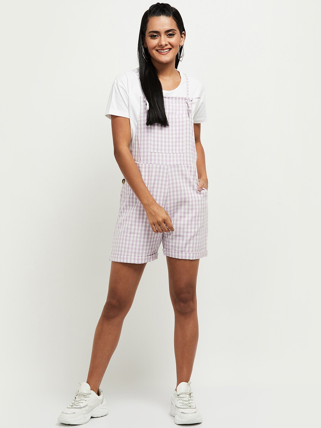 

max Women Purple & White Checked Dungarees