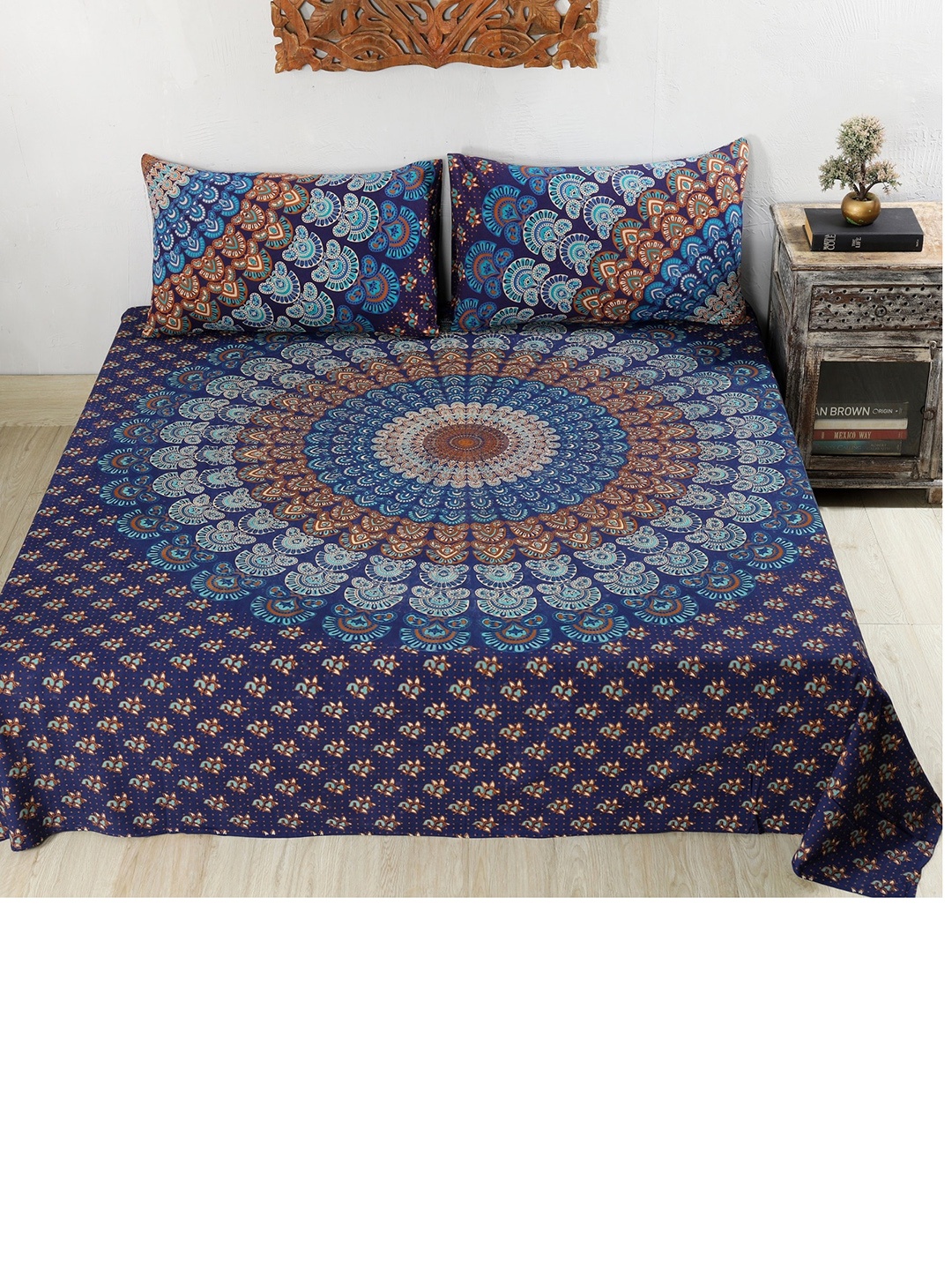 

HANDICRAFT PALACE Blue & Brown Ethnic Motifs 144 TC Queen Bedsheet with 2 Pillow Covers