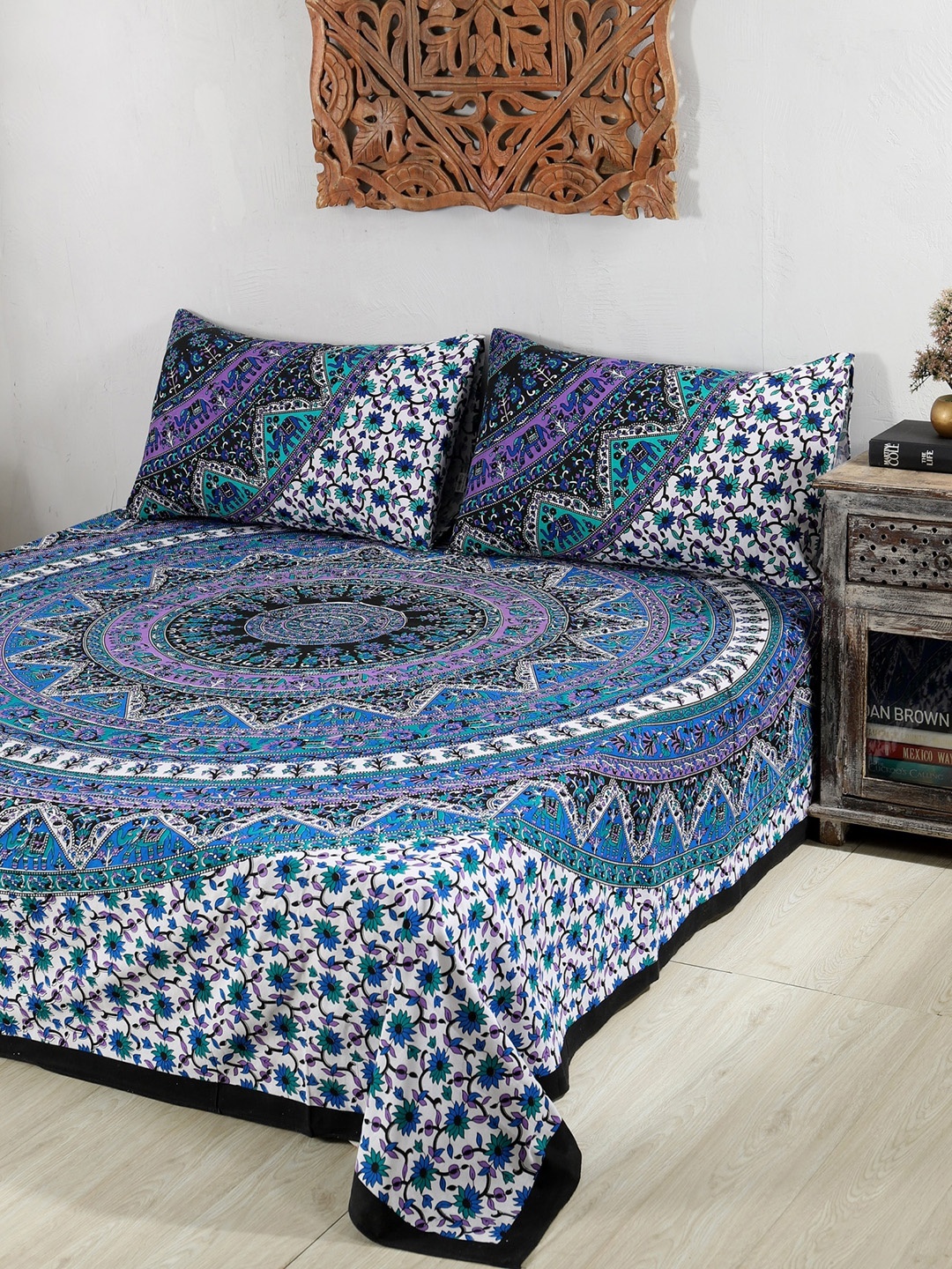 

HANDICRAFT PALACE Purple & Blue Ethnic Motifs 144 TC Queen Bedsheet with 2 Pillow Covers