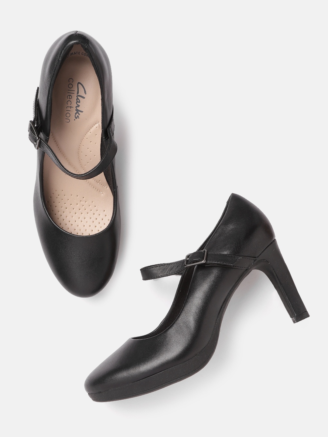 

Clarks Black Solid Leather Mary Jane Slim Pumps