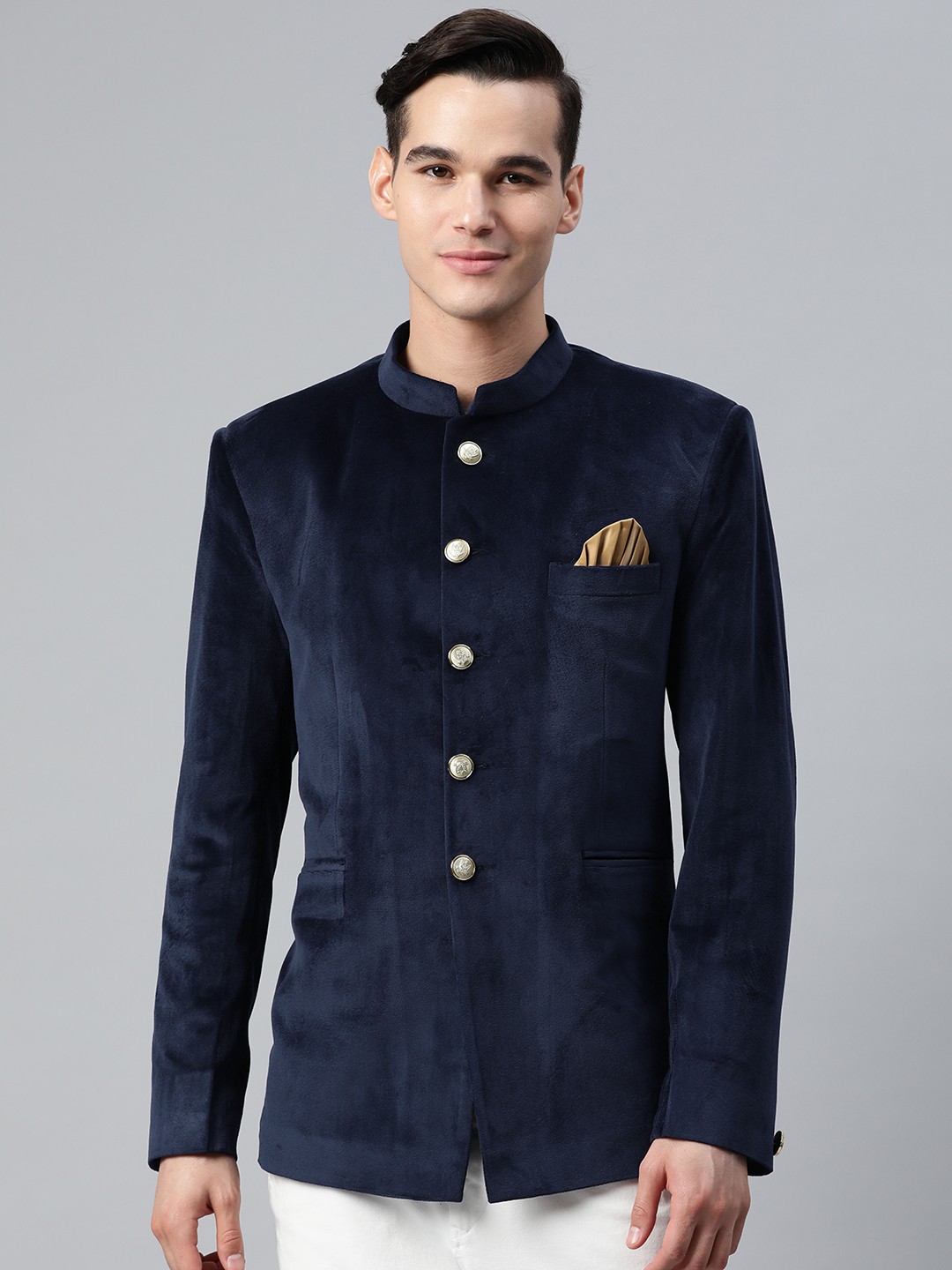

Luxrio Men Navy Blue Suede Tailored Fit Single-Breasted Bandhgala
