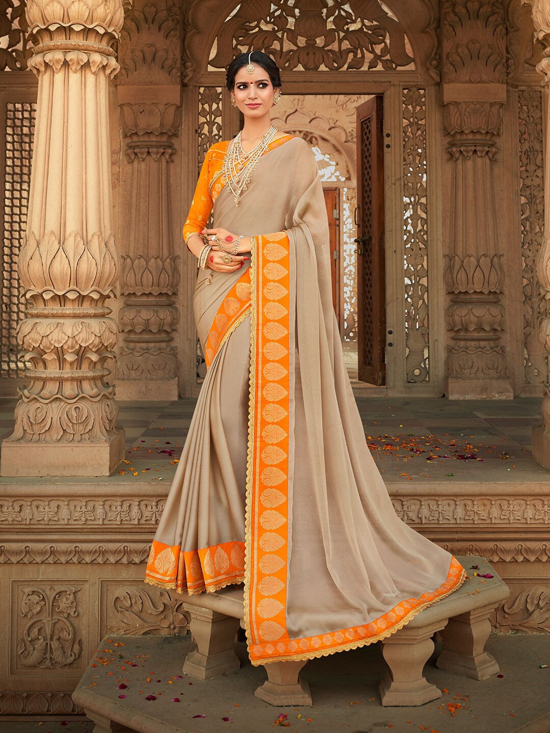 

Shaily Brown & Orange Pure Chiffon Saree