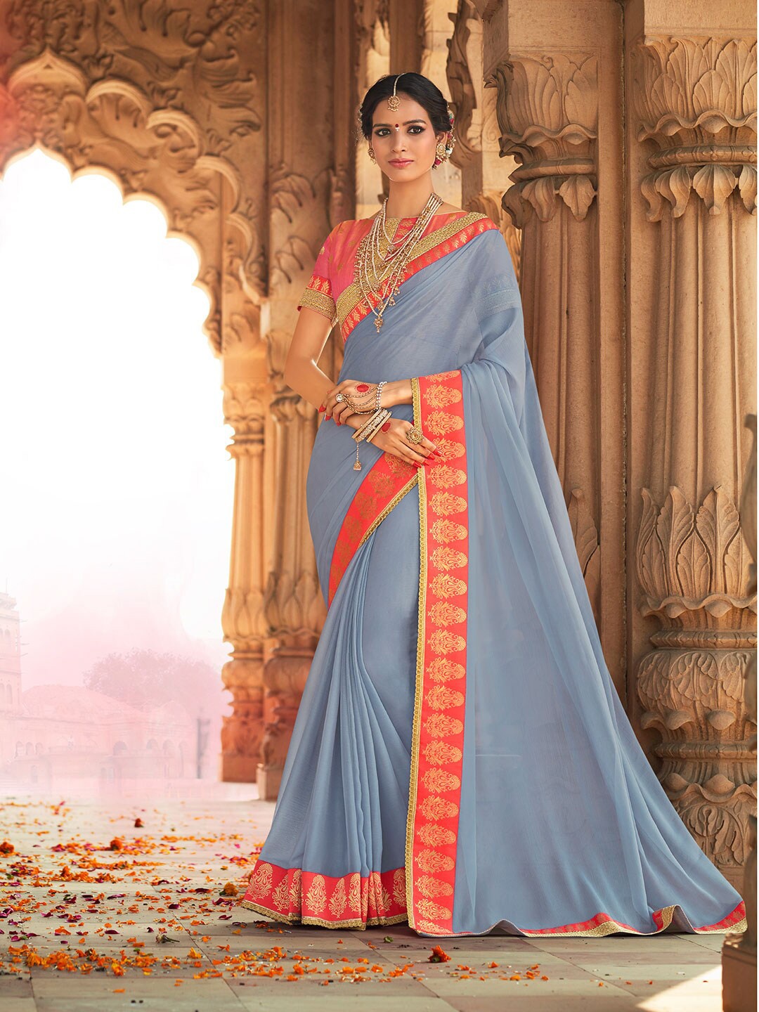 

Shaily Grey & Red Zari Pure Chiffon Saree