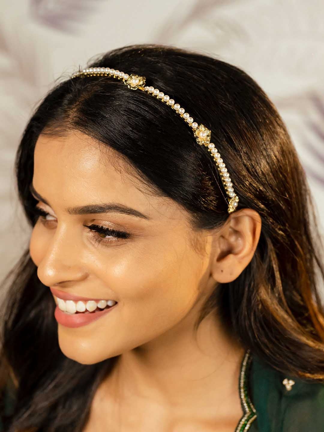 

HAIR DRAMA COMPANY Women Gold-Toned & White Embellished Hairband