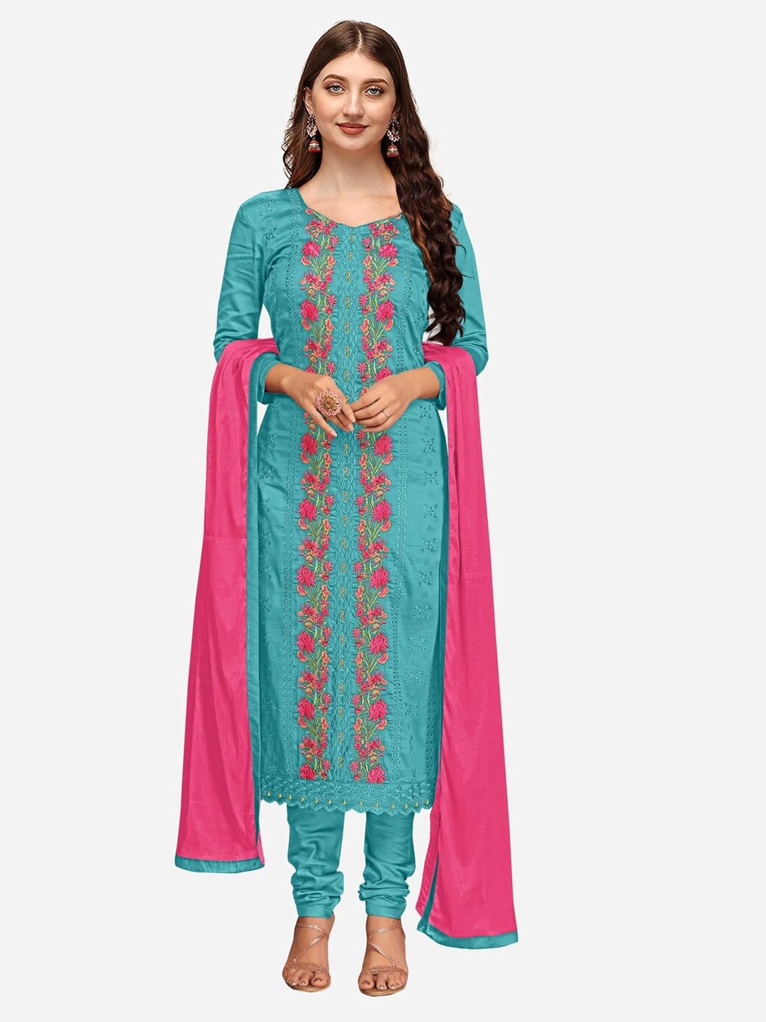 

Nivah Fashion Turquoise Blue & Pink Embroidered Unstitched Dress Material