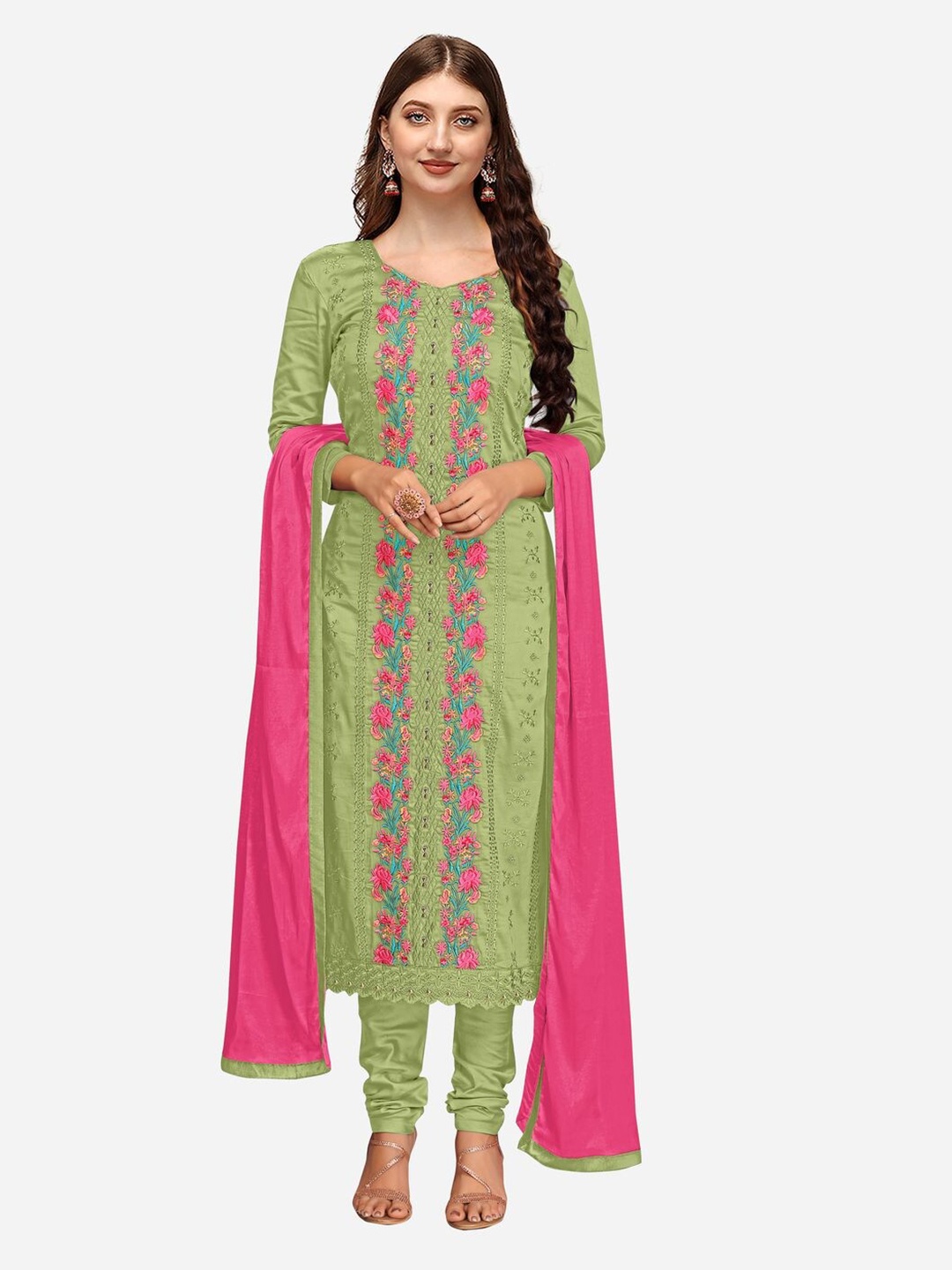 

Nivah Fashion Green & Pink Unstitched Dress Material