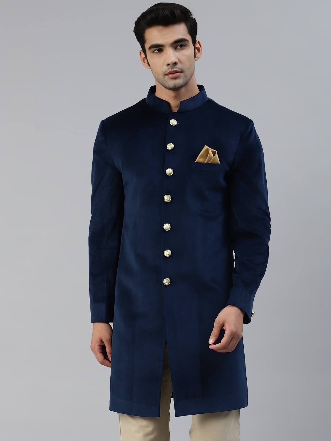 

Luxrio Men Navy Blue Solid Slim Fit Sherwani