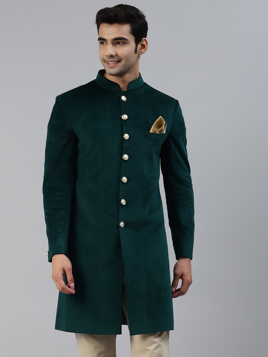 

Luxrio Men Green Velvet Finish Tailored Fit Solid Sherwani