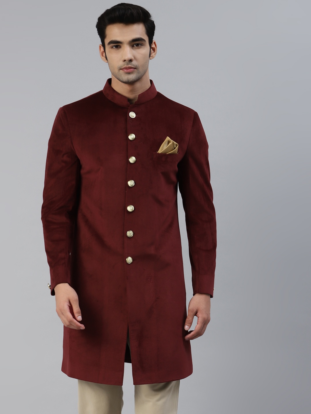 

Luxrio Men Maroon Velvet Finish Slim Fit Sherwani