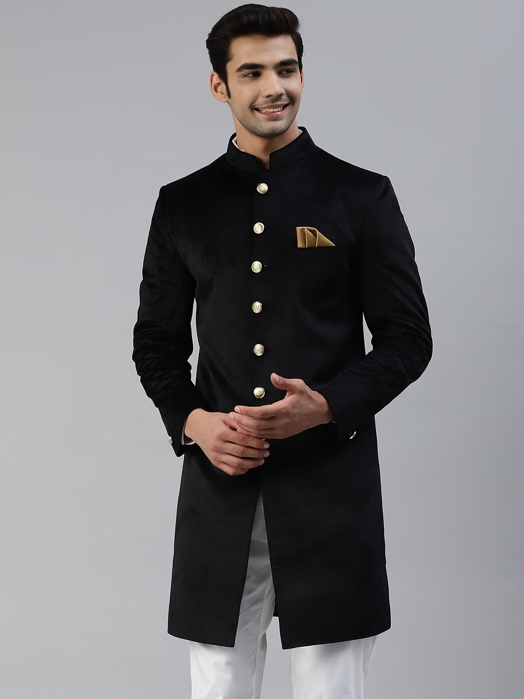 

Luxrio Men Black Velvet Finish Slim Fit Sherwani